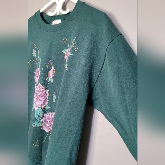 Vintage Floral Green Crewneck Sweatshirt L - Picture 3 of 8